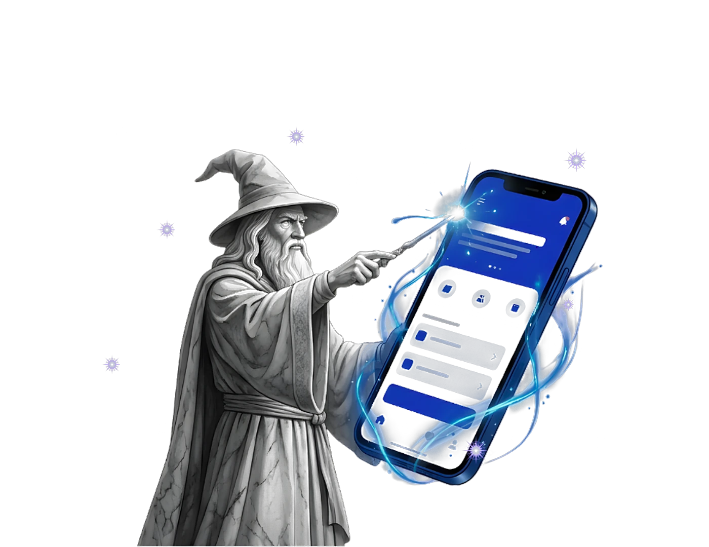 A wizard pointing a wand at a phone, an app assembling itself on the screen