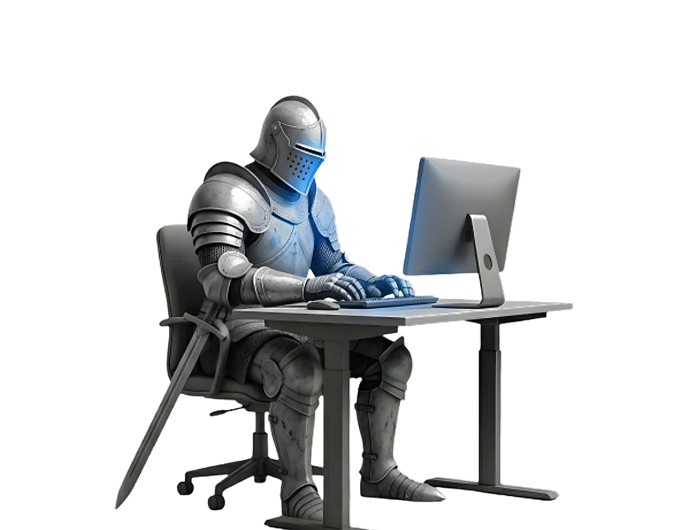 A knight in armour sitting at a desk, building a website